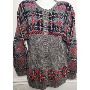 Vtg Portraits by Northern Isles Womens L Chunky Hand Knit Cardigan Sweater Geo